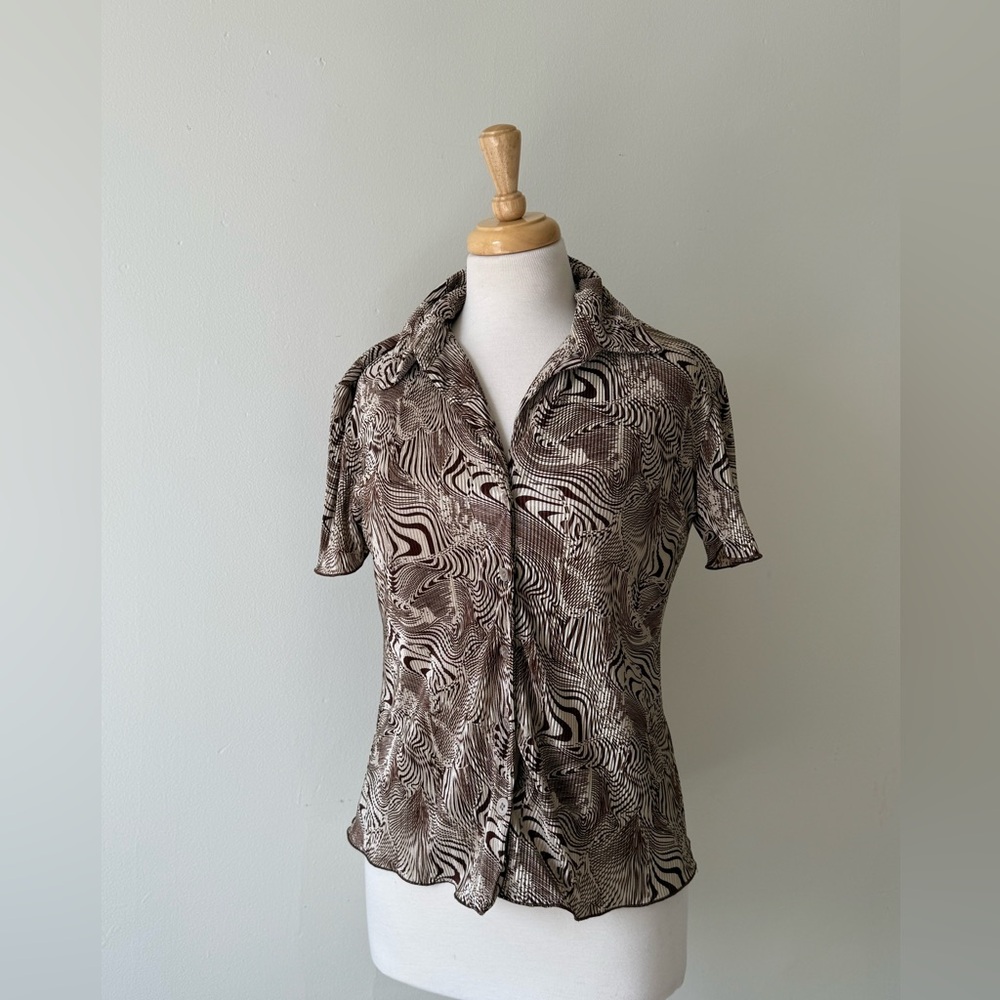 Tradition Abstract Swirl Button-Up Blouse | Brown Neutral Y2K Crinkle Stretch